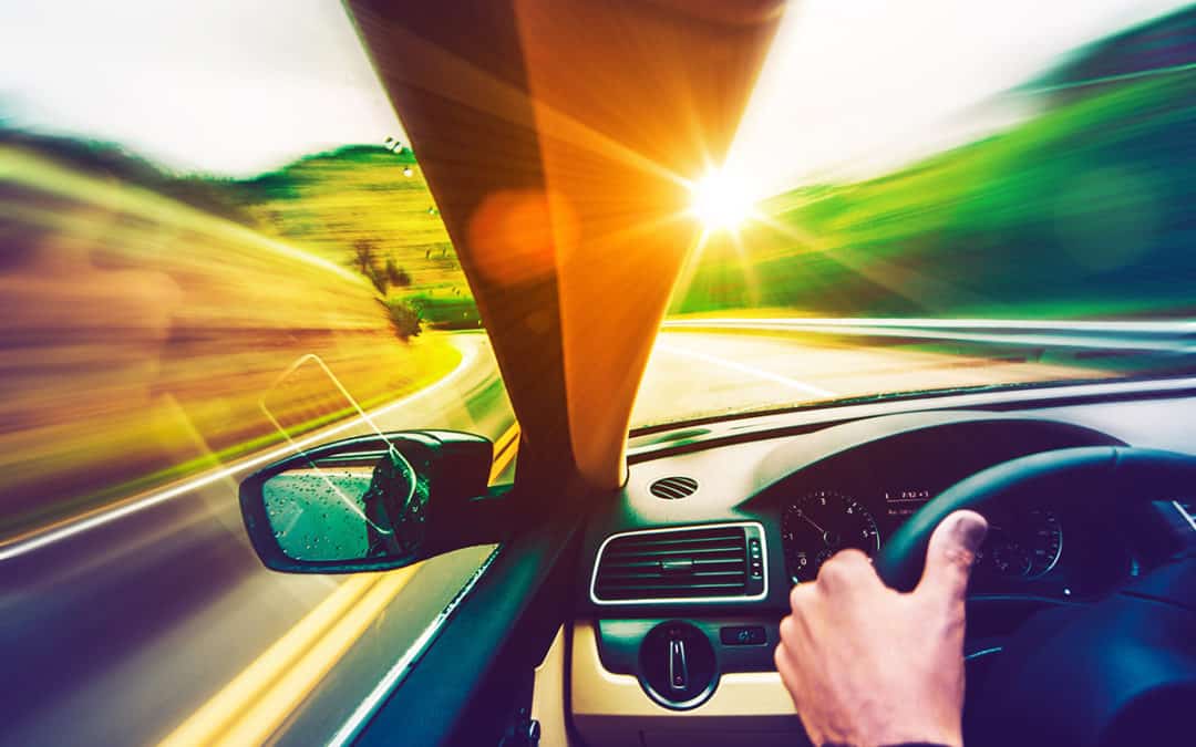 Scenic Summer Drive. Mountain Road and Sunset Scenery From the Speeding Car. Scenic Road